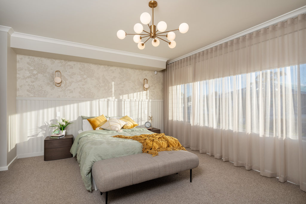 Retro art deco styled bedroom with circular lamp shades