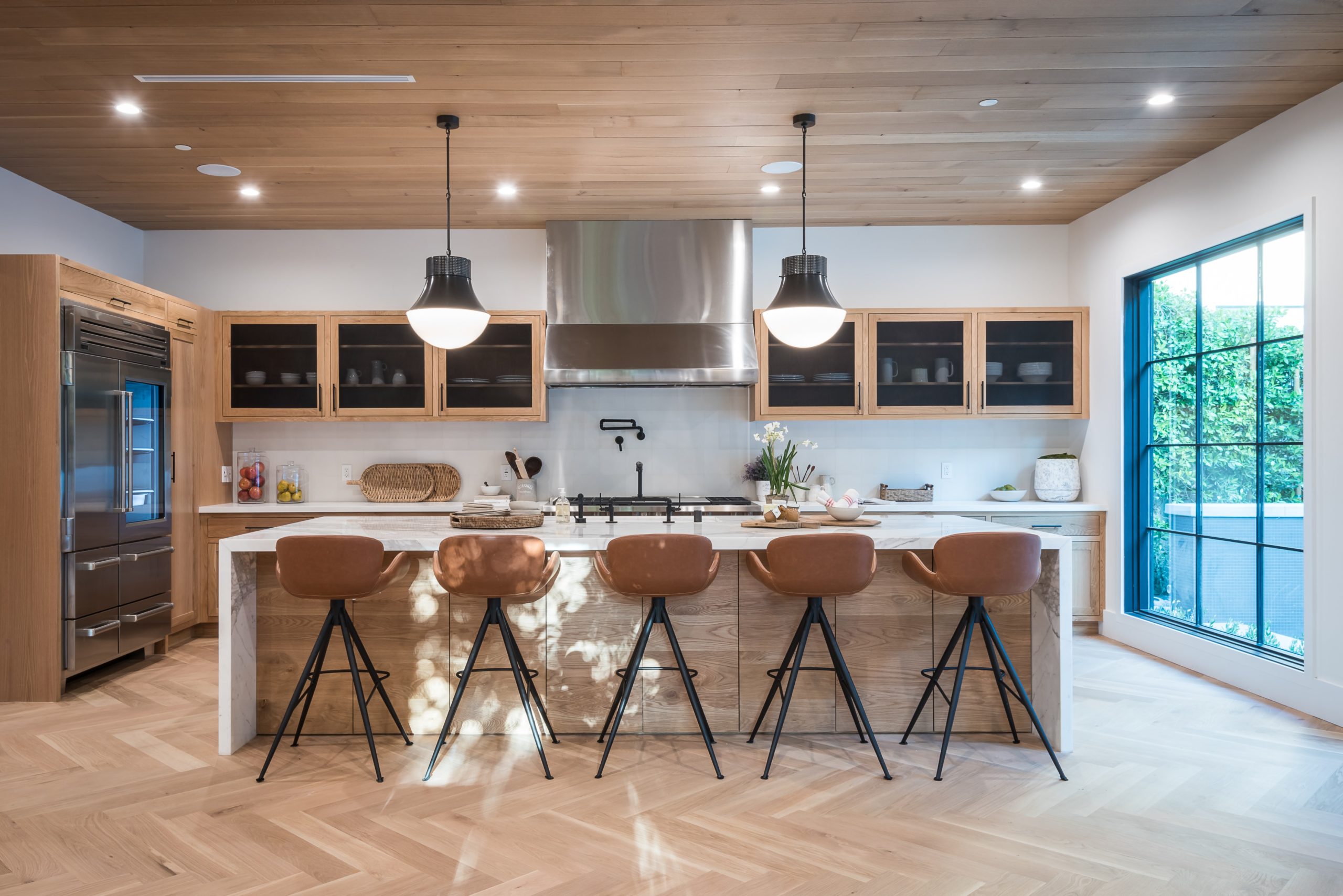 Kitchen with wooden ceiling, floor and shelving