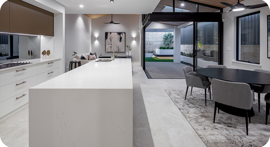 Open plan living in a single storey narrow block home Open plan living in a single storey narrow block home